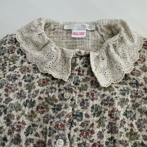 Zara Baby Girls Floral Print Eyelet Collar Button Front Long Sleeve Top 9 12 M - Picture 3 of 6